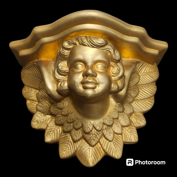 Vintage MCM Hollywood Regency Cherub Angel Wall Shelf Scone Corbel Plaster Gold - Picture 3 of 12